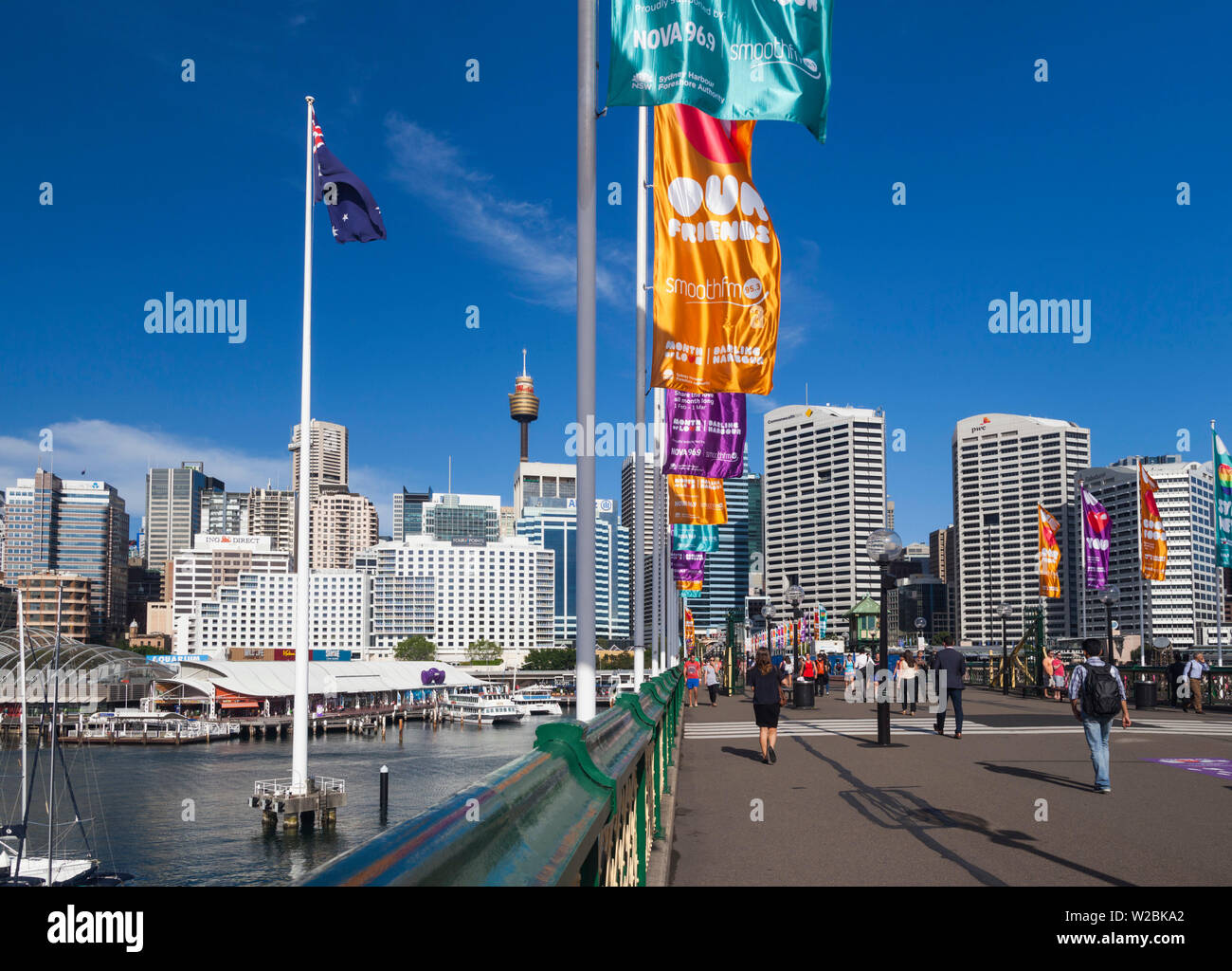 Australia, New South Wales, NSW, Sydney, CBD, Central Business District buildings from Pyrmont Bridge, Darling Harbour Stock Photo
