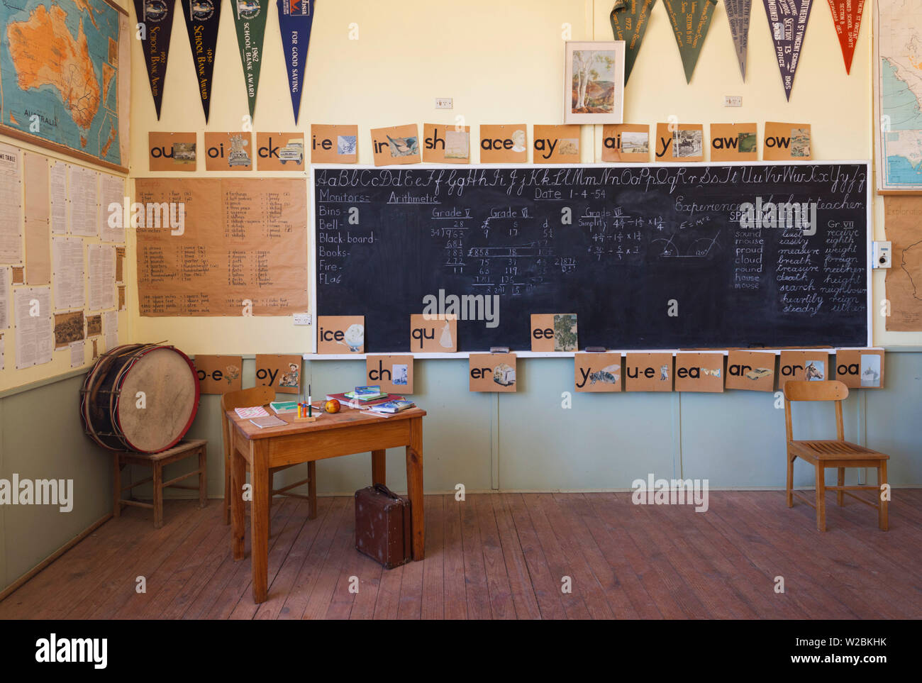 Australia, South Australia, Yorke Peninsula, Kadina, Farm Shed Museum, one room school, blackboard Stock Photo