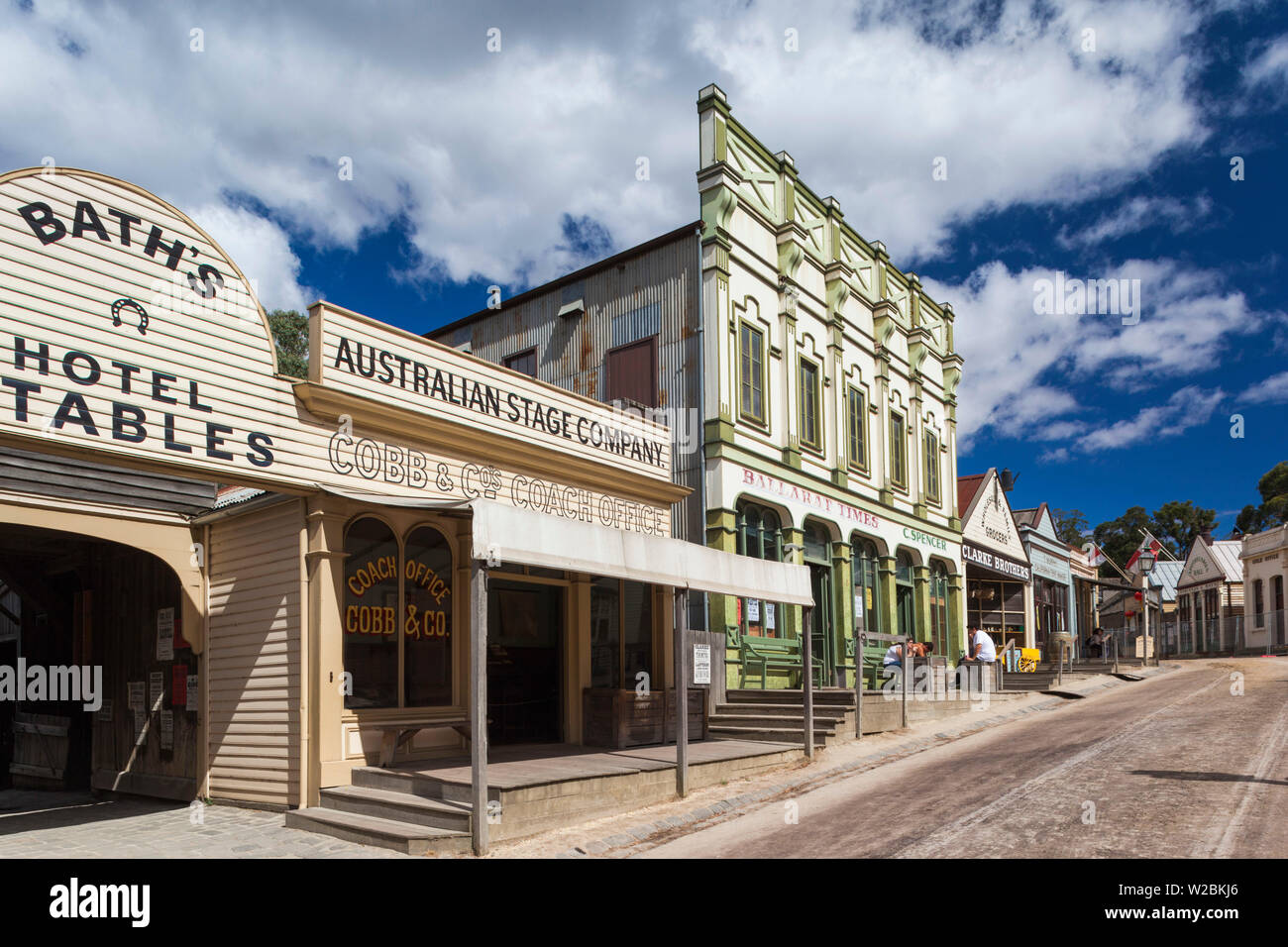 Australia, Victoria, VIC, Ballarat, Sovereign Hill, recreated 1860s-era gold mining township, town view Stock Photo