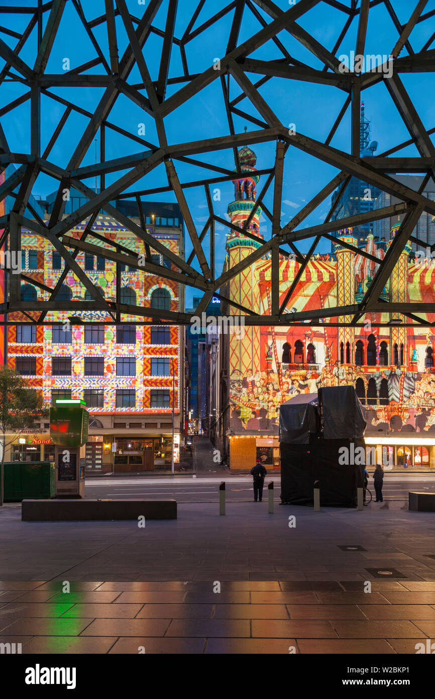 Australia, Victoria, VIC, Melbourne, White Nights Festival, buildings lit with projected laser designs, view from Federation Square Stock Photo