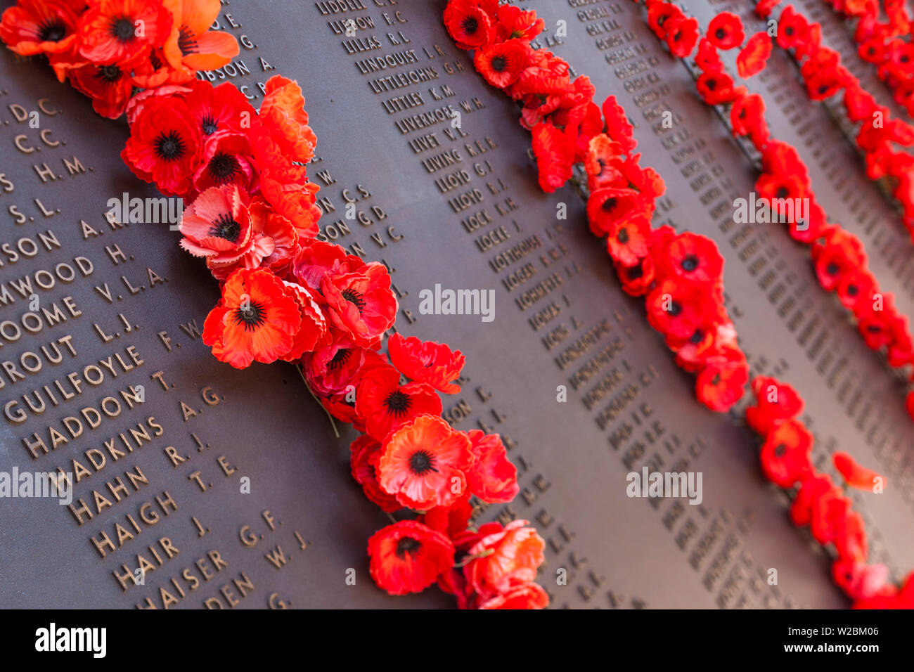 Australia, Australian Capital Territory, ACT, Canberra, Australian War Memorial, Hall of Memory, poppies on lists of fallen Australian soldiers Stock Photo