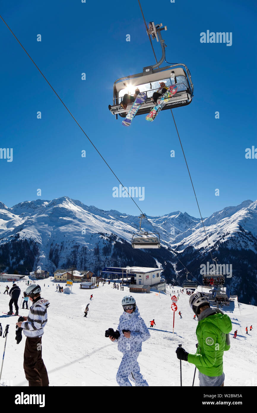 Europe, Austria, Tirol. St. Anton am Arlberg, fast modern chairlift Stock Photo