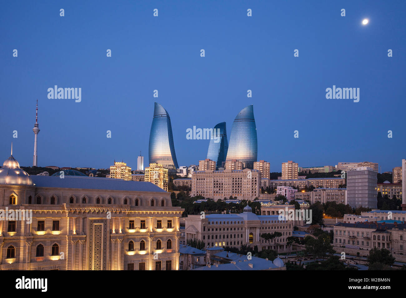 Azerbaijan, Baku, View of Flame Towers at dawn Stock Photo