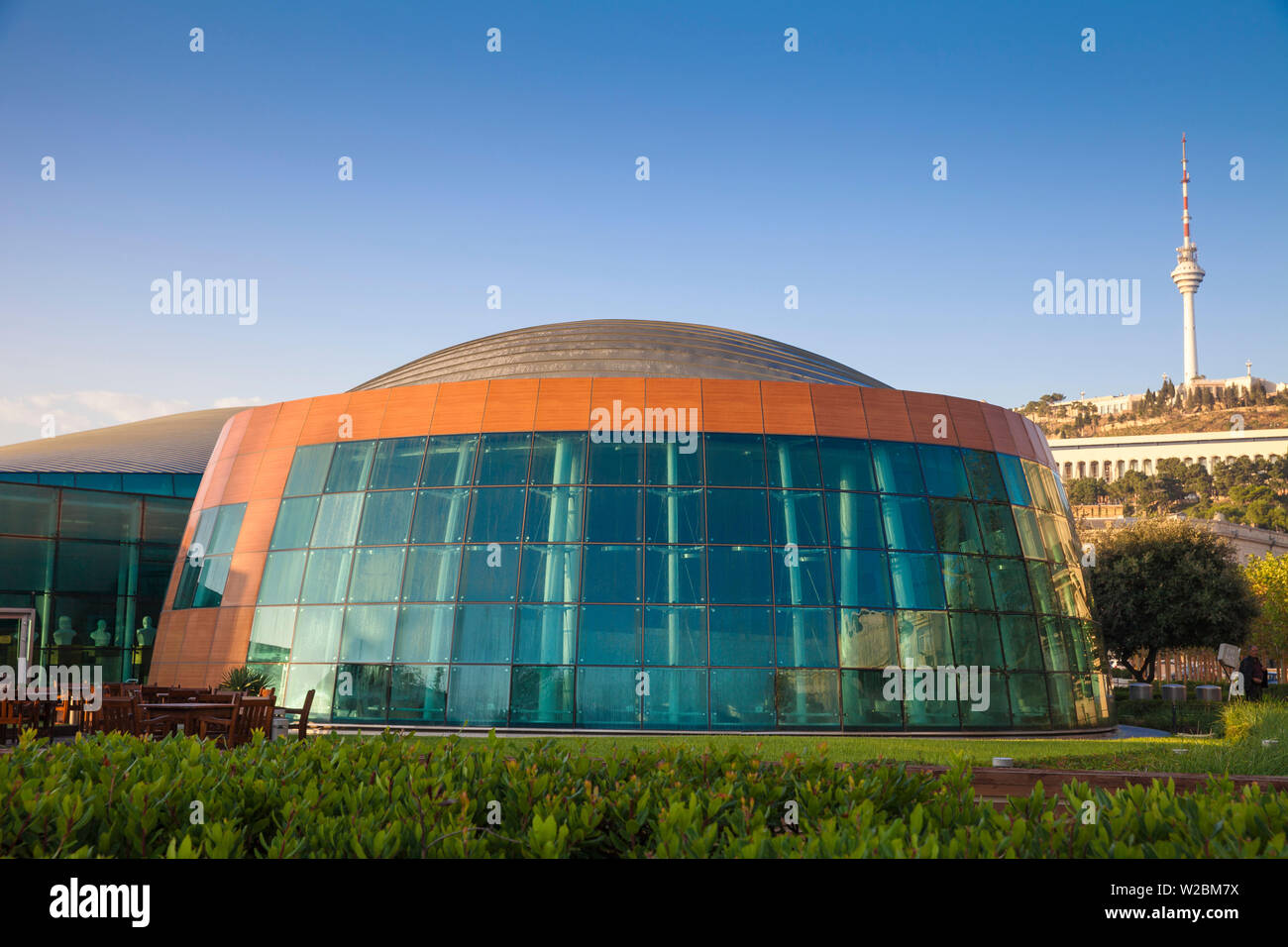 Azerbaijan, Baku, International Mugham Center with TV tower in background Stock Photo