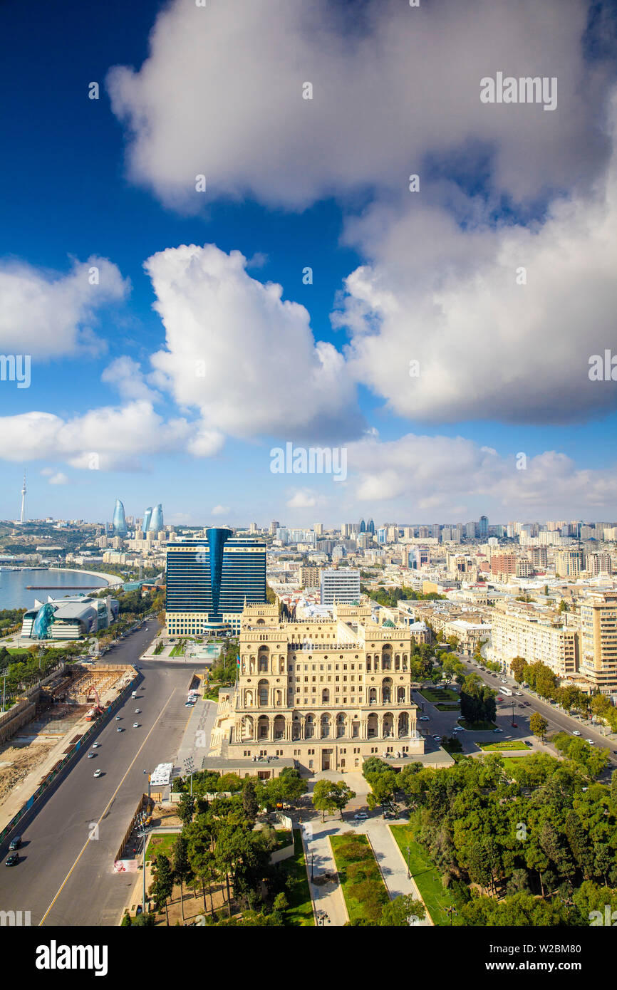 Azerbaijan, Baku, View of city looking towards Government House, Hilton Hotel, The Baku Business Center on the Bulvur - waterfront, in the distance are  Flame Towers and TV tower Stock Photo