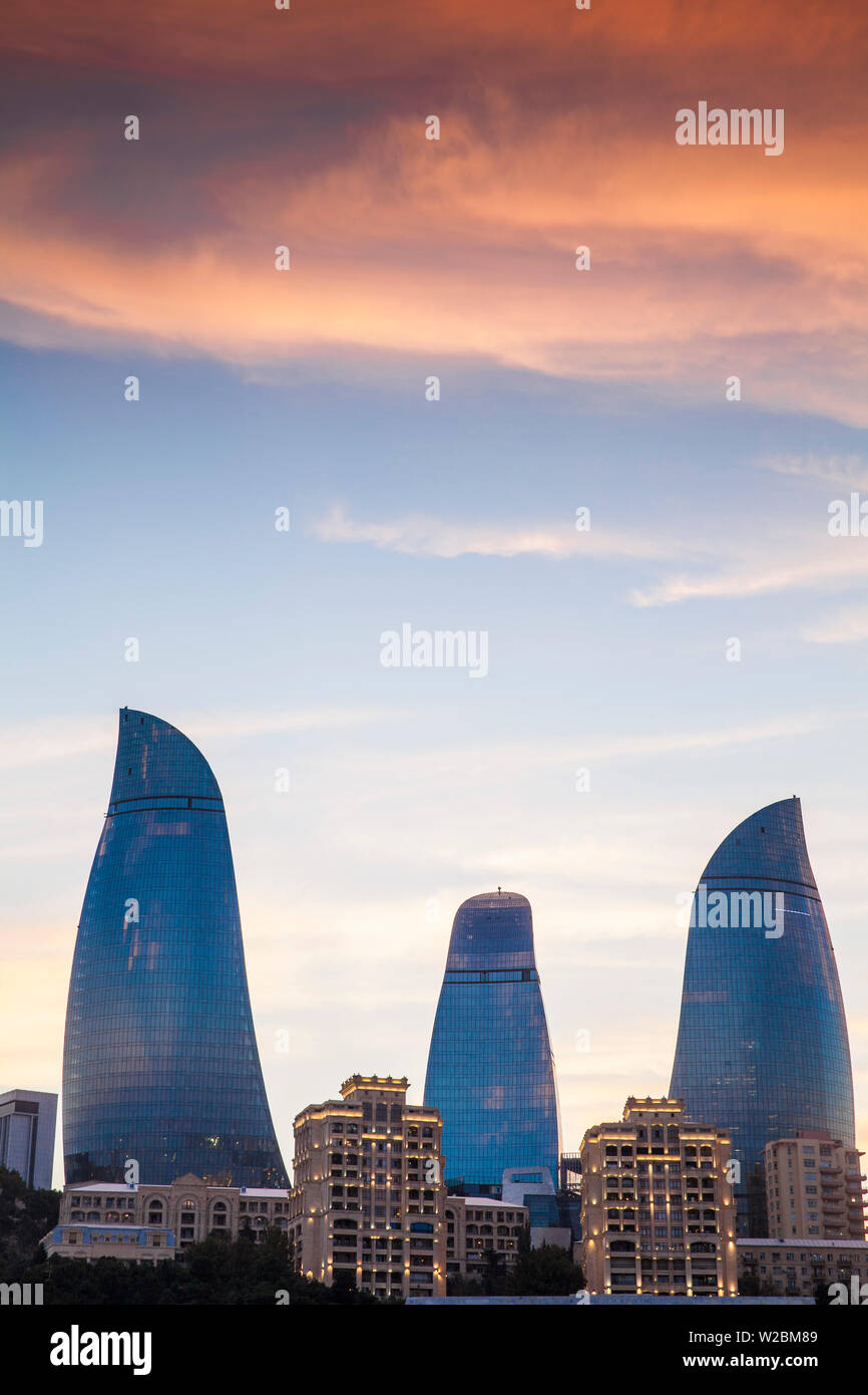 Azerbaijan, Baku, Flame Towers at sunrise Stock Photo