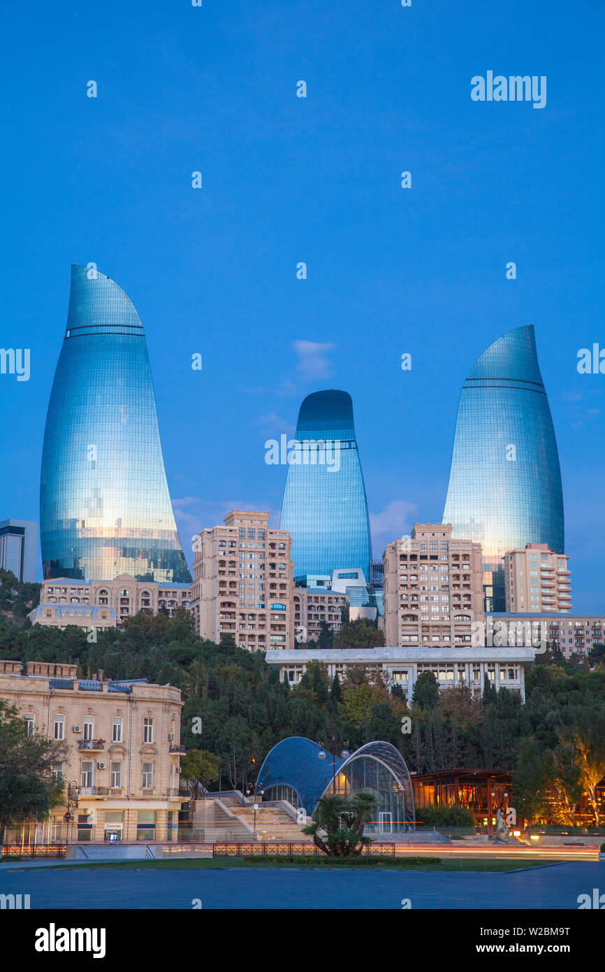 Azerbaijan Baku Entrance To Funicular Railway And Flame Towers Behind Stock Photo Alamy