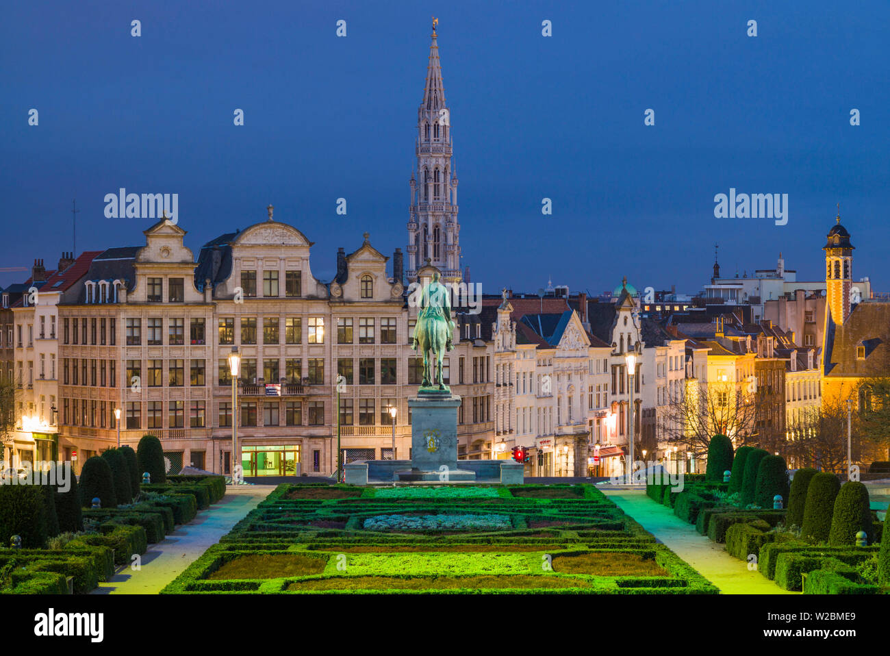 Belgium, Brussels, Mont des Arts, city skyline with Hotel de Ville tower, dawn Stock Photo