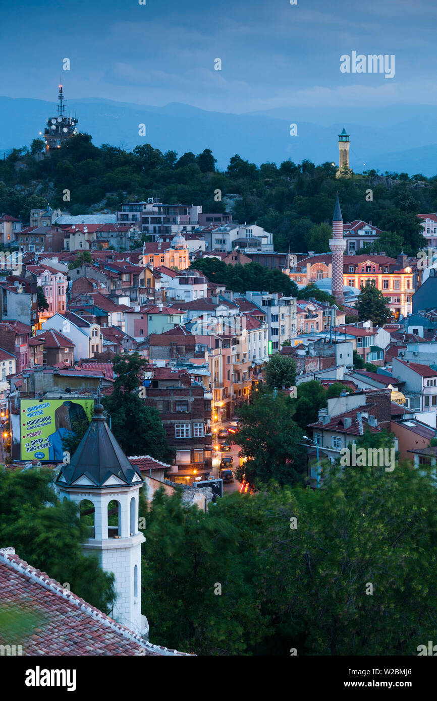 Bulgaria, Southern Mountains, Plovdiv, elevated city view from Nebet Tepe hill, dusk Stock Photo