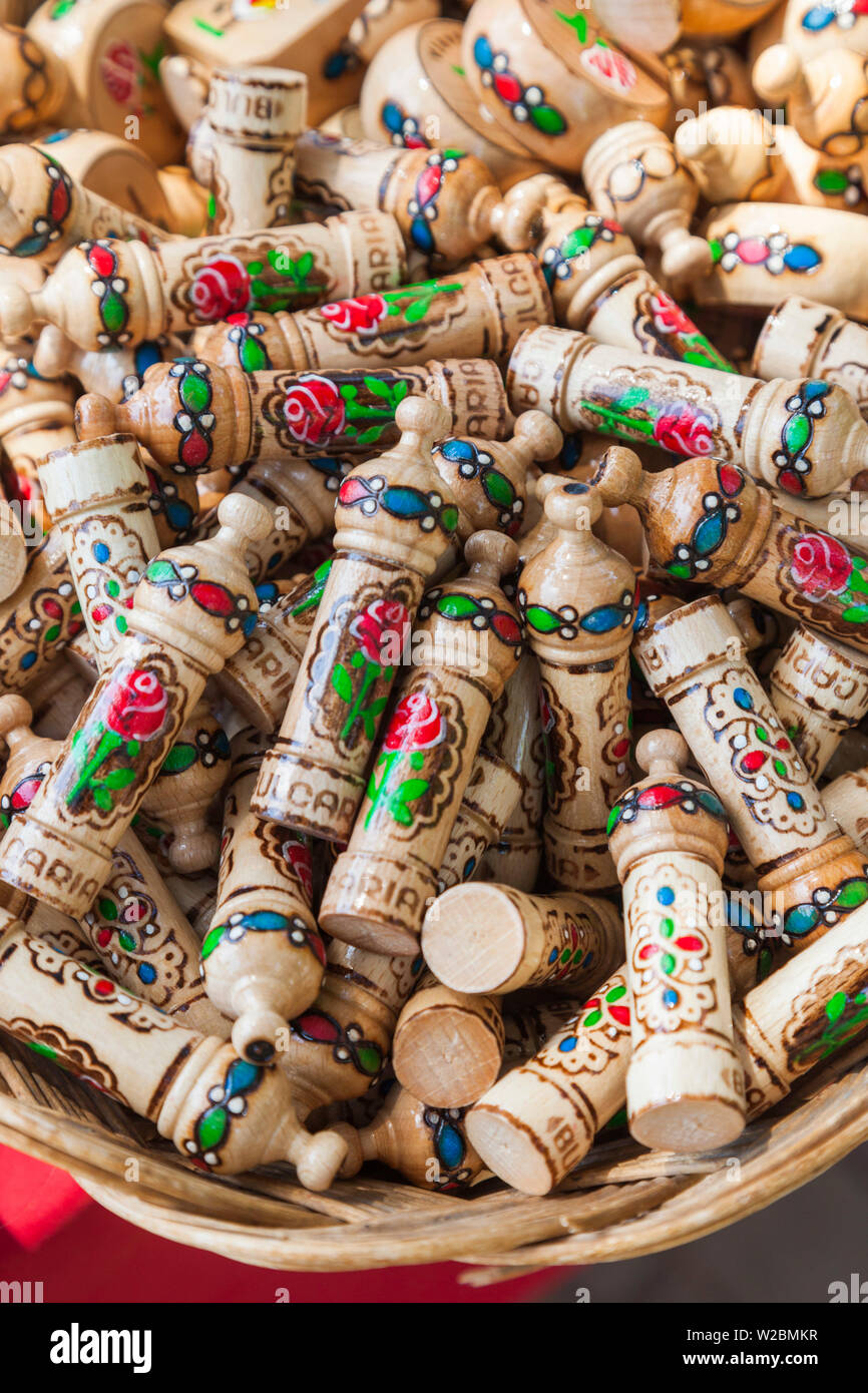 Bulgaria, Central Mountains, Kazanlak, Kazanlak Rose Festival, town produces 60% of the world's rose oil, traditional Bulgarian wood rose perfume holders Stock Photo