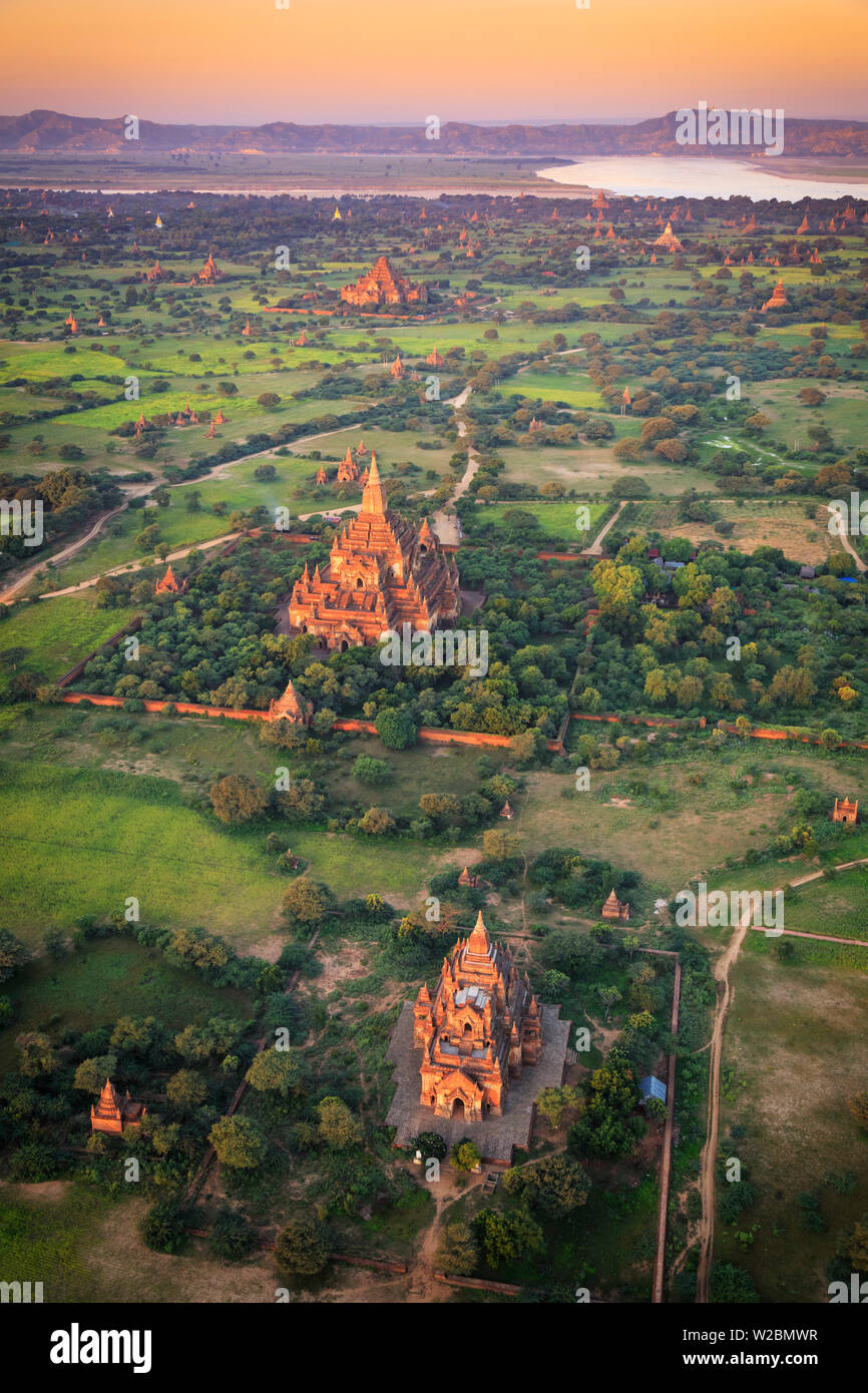 Myanmar (Burma), Temples of Bagan (Unesco world Heritage Site) elevated view from Baloon Stock Photo