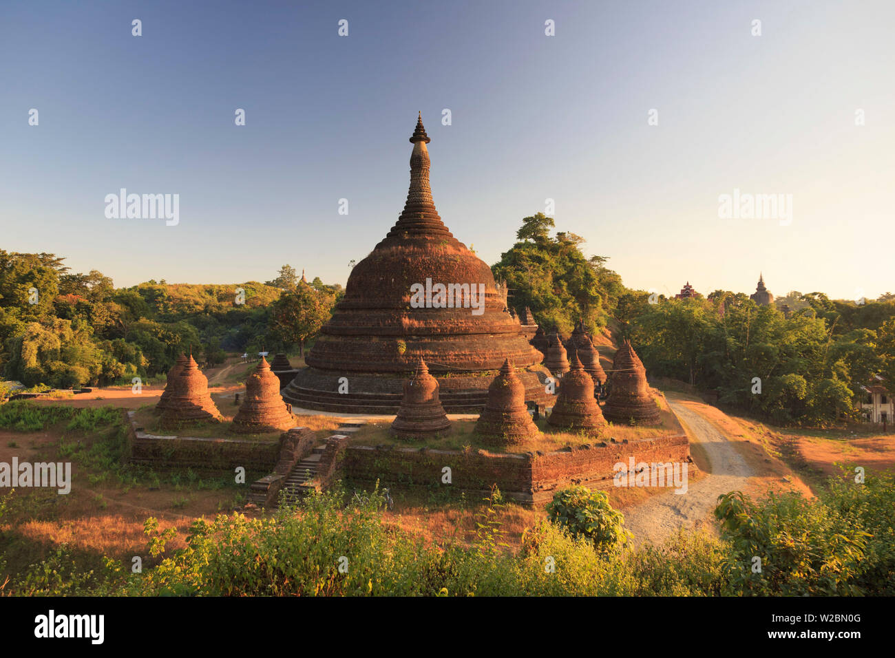 Myanmar (Burma), Rakhine State, Mrauk U Archaeological Site, temples at sunset Stock Photo