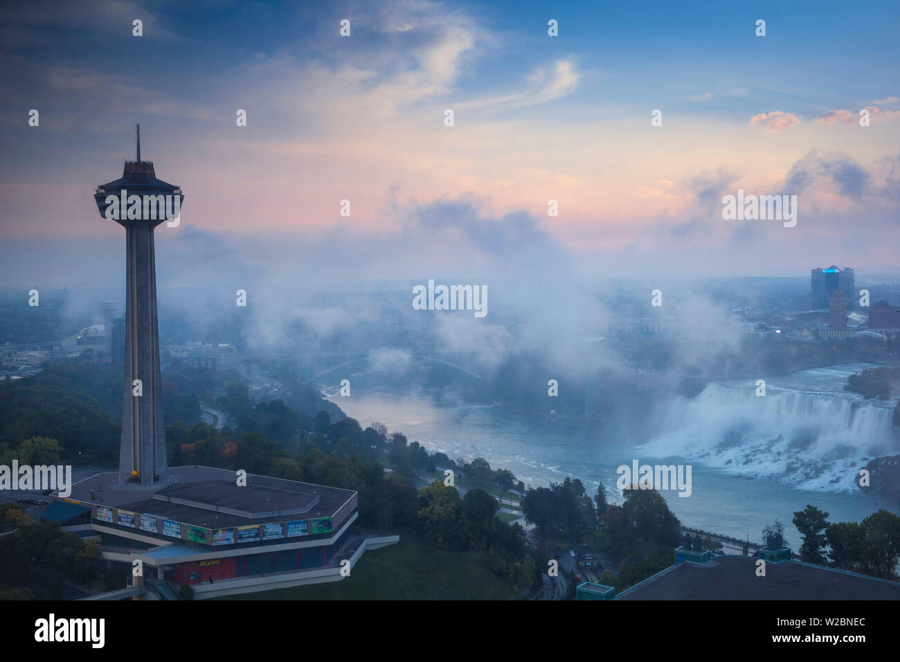 Canada and USA, Ontario and New York State, Niagara, Niagara Falls, View of the Skylon Tower and The American Falls Stock Photo