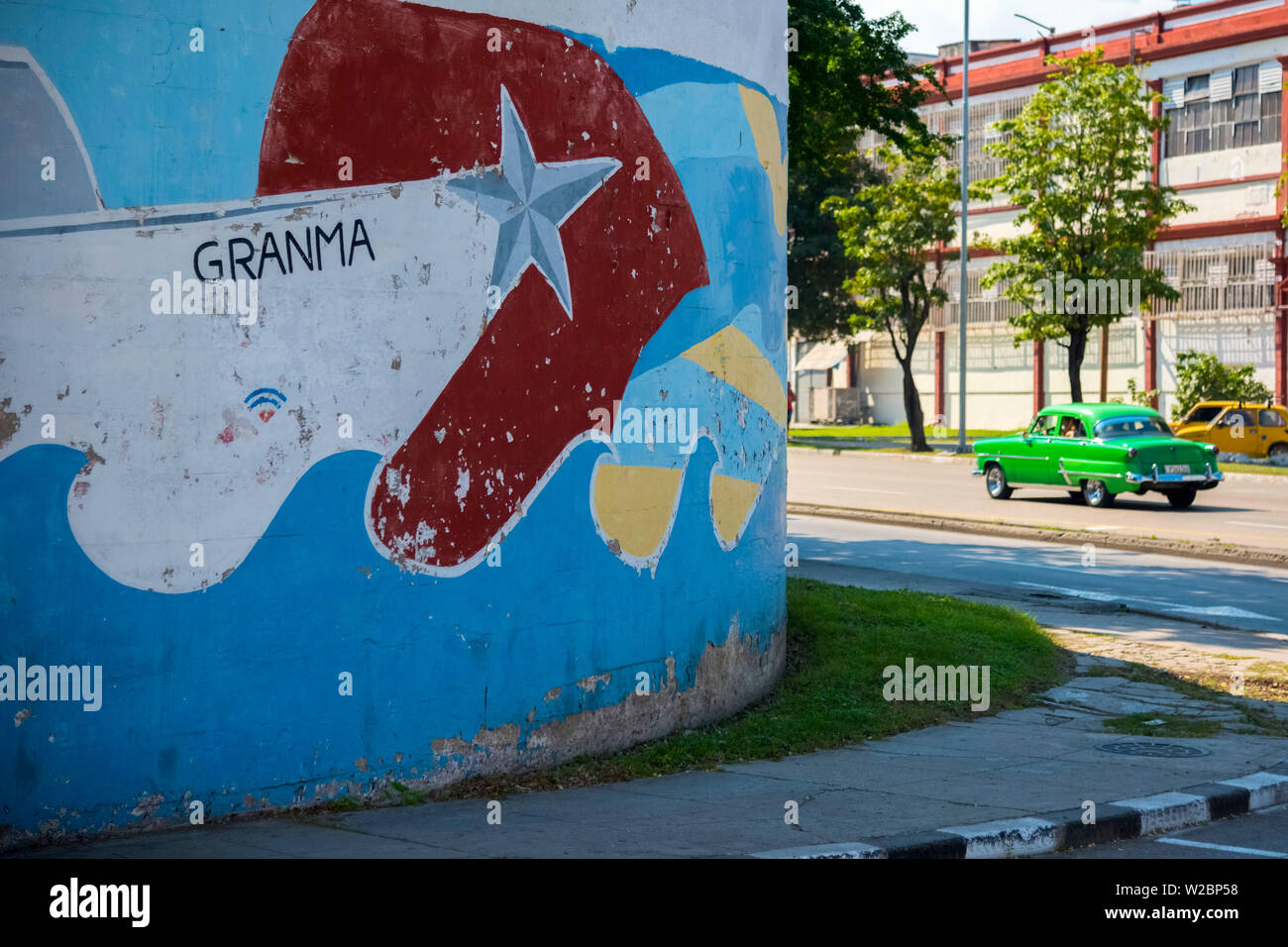 Cuba, Havana, Mural commemorating the Granma, the yacht used at start of Cuban Revolution Stock Photo