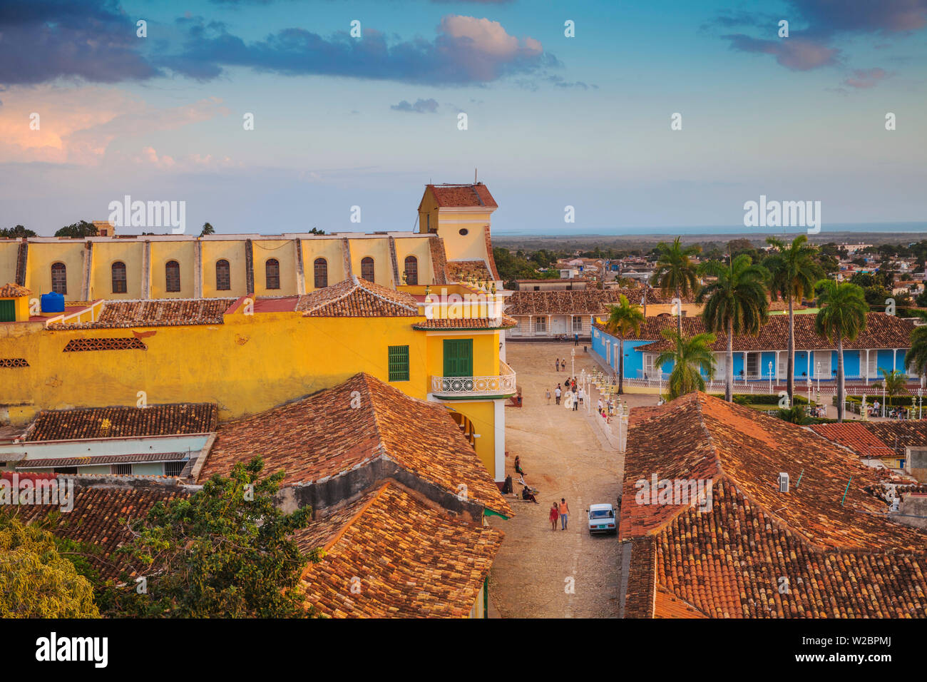 Cuba, Trinidad, View of Iglesia Parroquial de la Santisima Trinidad - Church of the Holy Trinity on Plaza Mayor Stock Photo