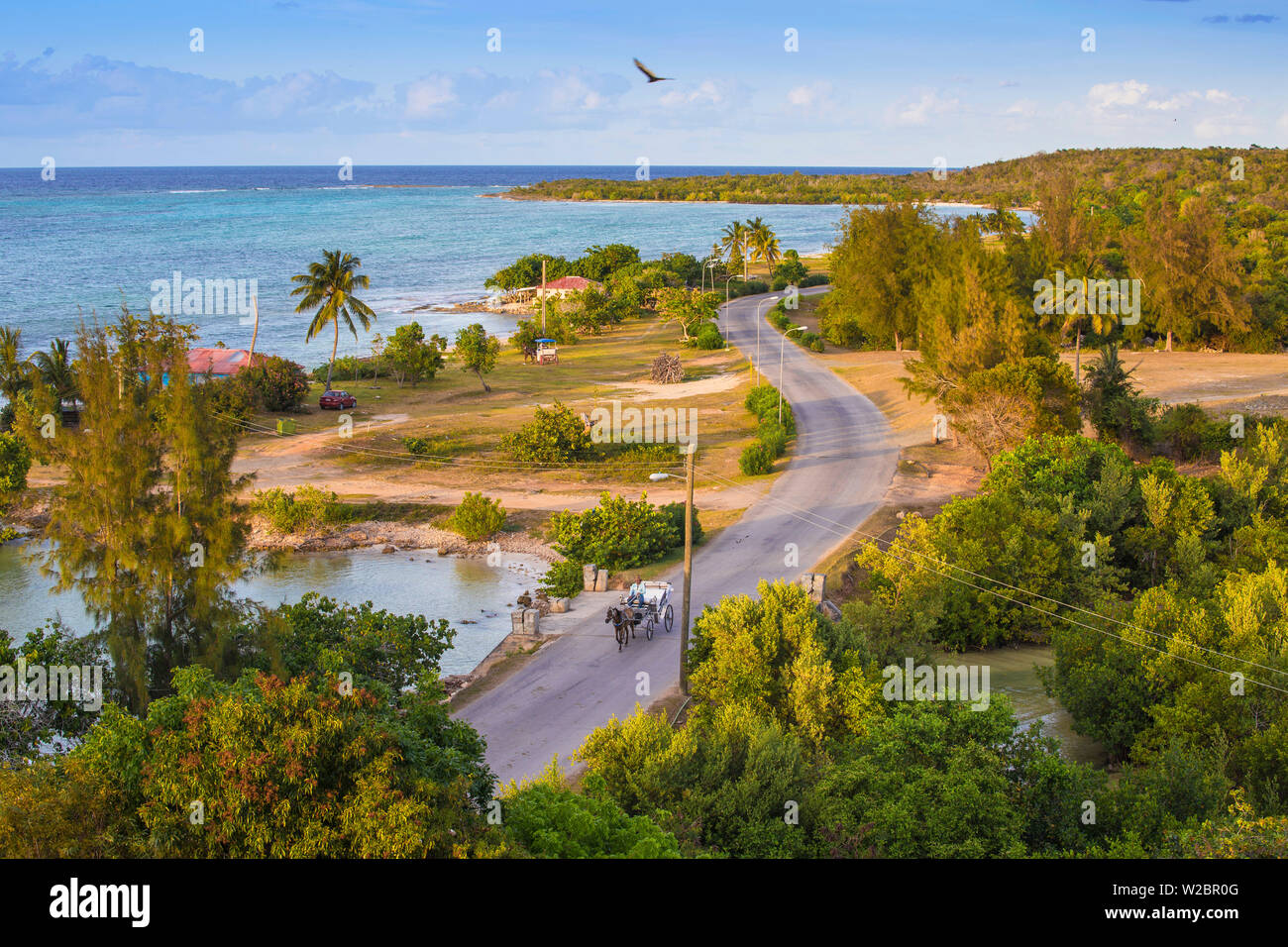 Cuba, Holguin Province, Horse and cart on coastal road at Playa Guardalvaca Stock Photo
