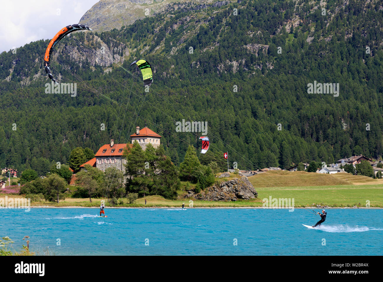 Switzerland, Graubunden, Upper Engadine, St. Moritz, Watersports on Lake Silvaplana Stock Photo