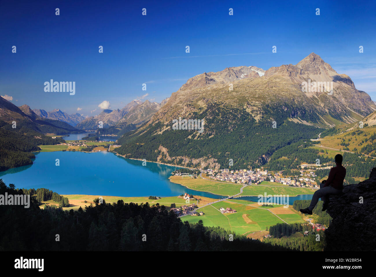 Switzerland, Graubunden, Upper Engadine, St. Moritz, elevated view of the valley and lakes (MR) Stock Photo