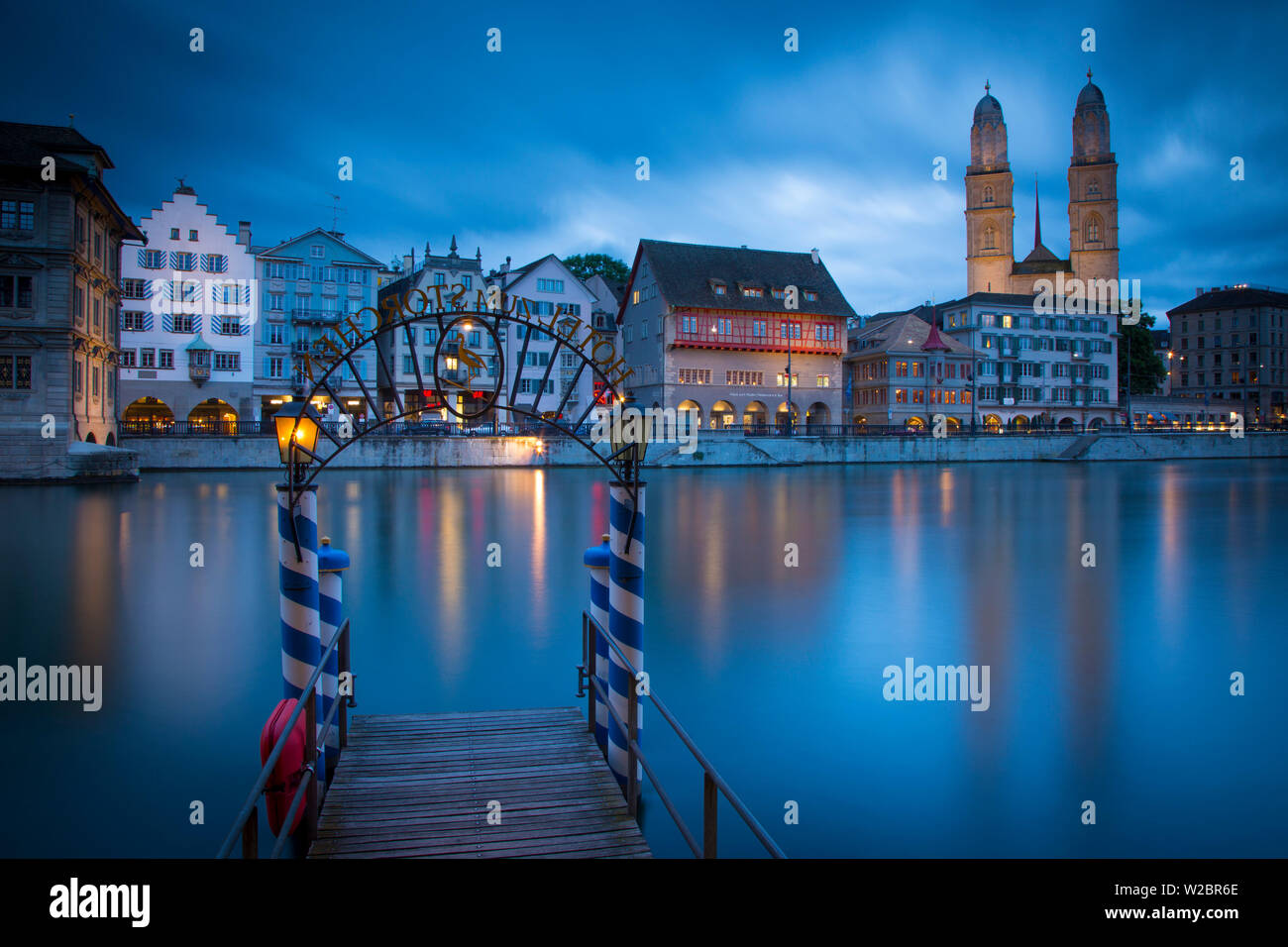 River Limmat and Grossmunster church, Zurich, Switzerland Stock Photo