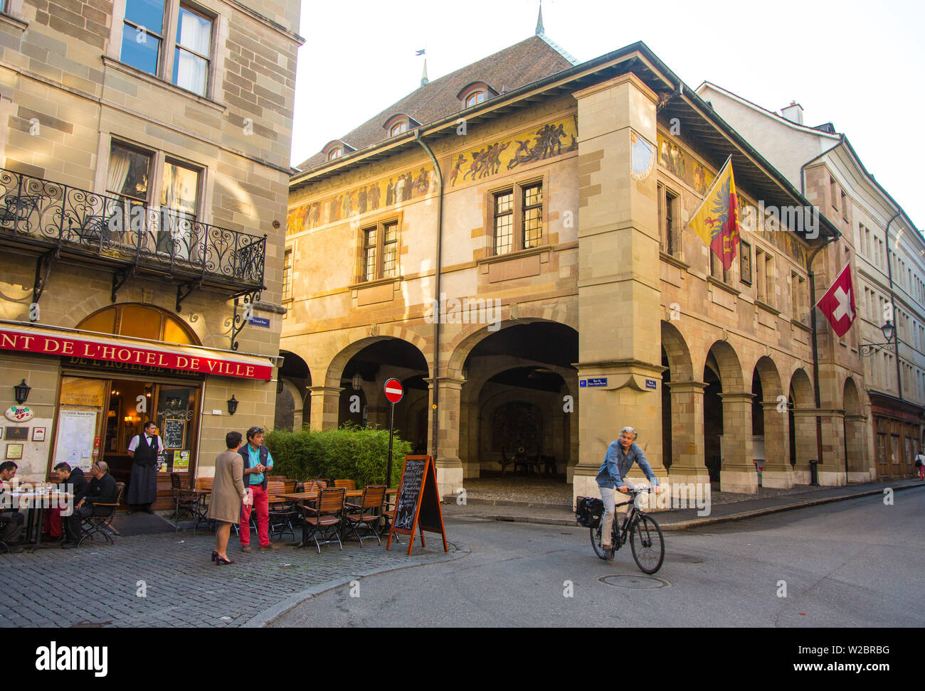 Cafe and Town Hall, Old Town, Geneva, Switzerland Stock Photo