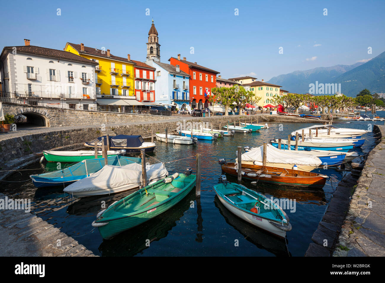 Ascona's picturesque Lakeside Promenade and Boat Harbour, Ascona, Lake Maggiore, Canton of Ticino, Switzerland Stock Photo