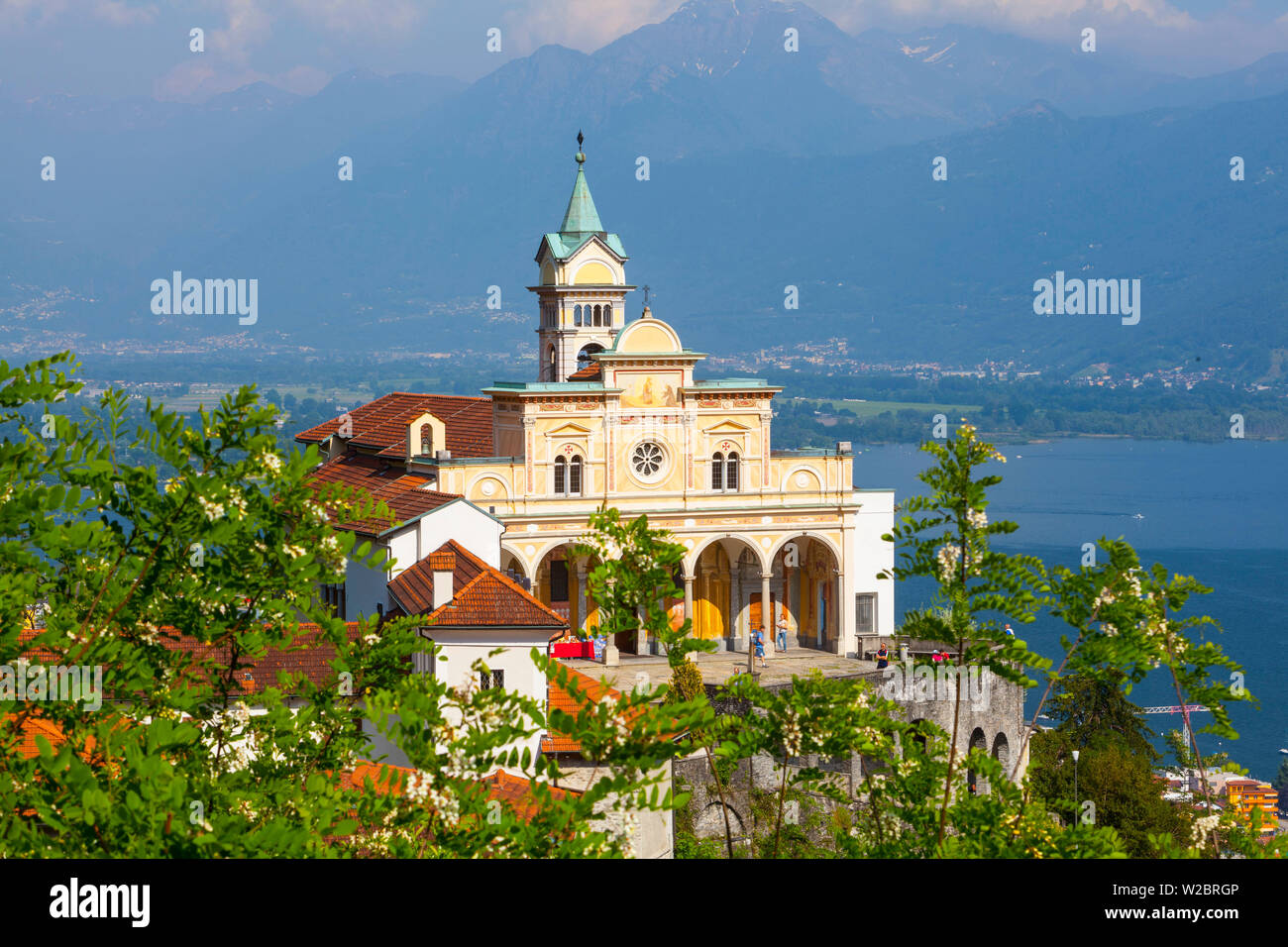 Elevated view over the picturesque Sanctuary of Madonna del Sasso, Locarno, Lake Maggiore, Tessin, Ticino, Switzerland Stock Photo