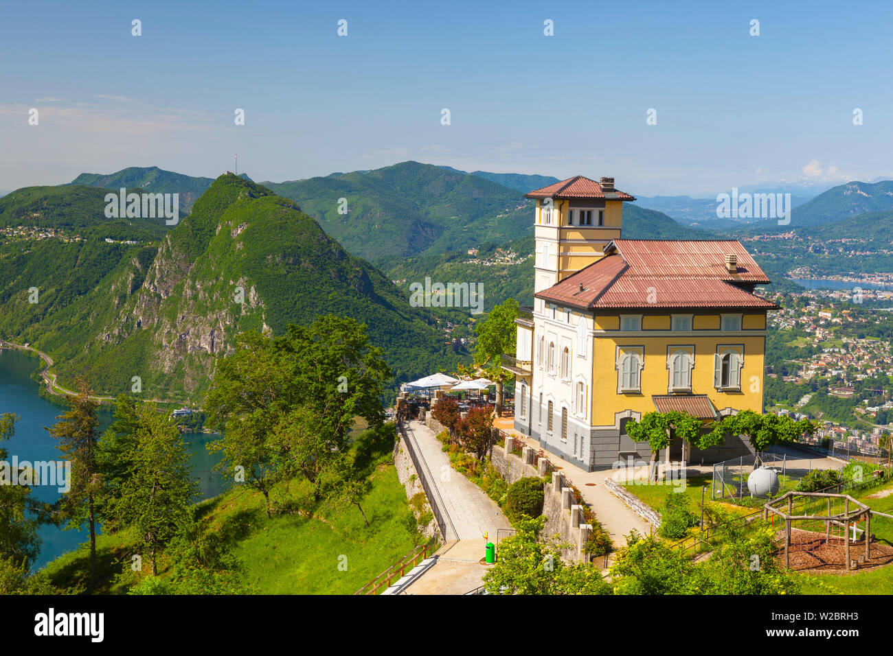 Elevated view over Lugano from Monte Bre, Lugano, Lake Lugano, Ticino, Switzerland Stock Photo