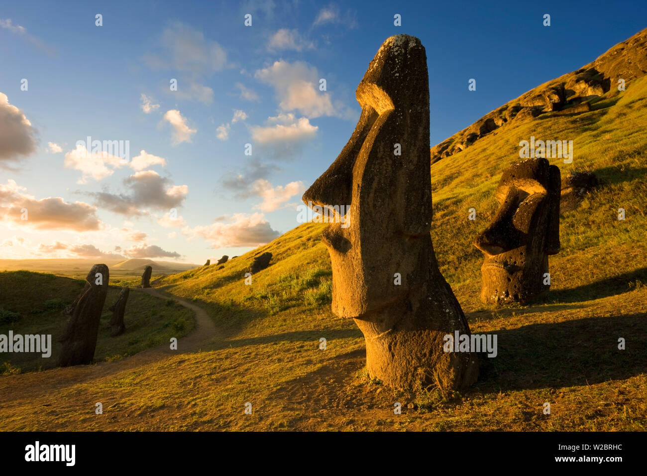 South America, Chile, Rapa Nui, Easter Island, giant monolithic stone Maoi statues at Rano Raraku Stock Photo