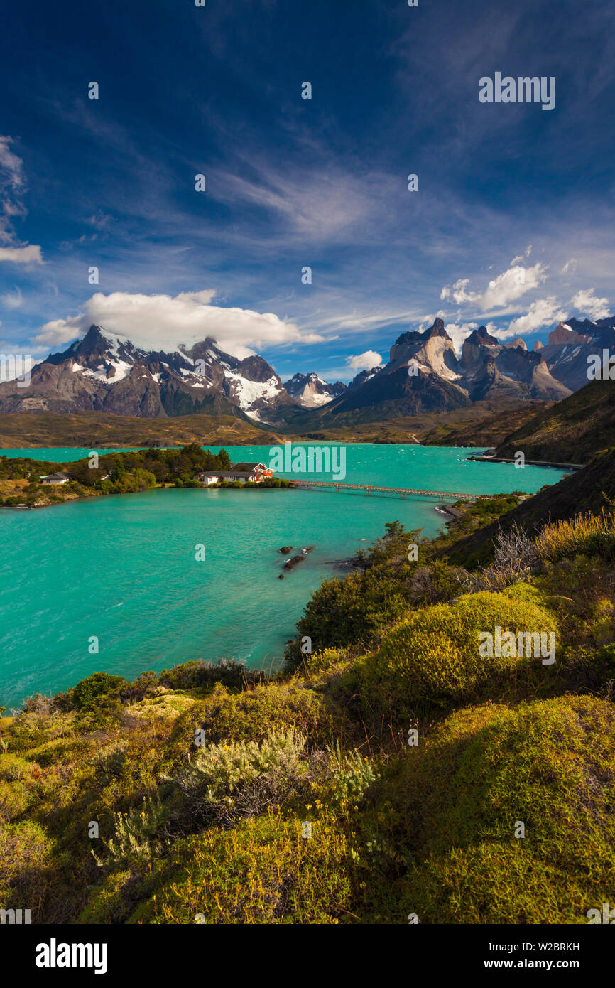 Chile, Magallanes Region, Torres del Paine National Park, Lago Pehoe, morning landscape with Hosteria Pehoe hotel Stock Photo