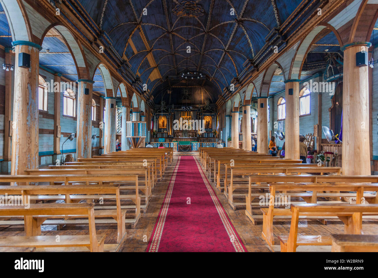 Chile, Chiloe Archipelago, Quinchao Island, Achao, Iglesia Santa Maria de Loreto church, interior Stock Photo