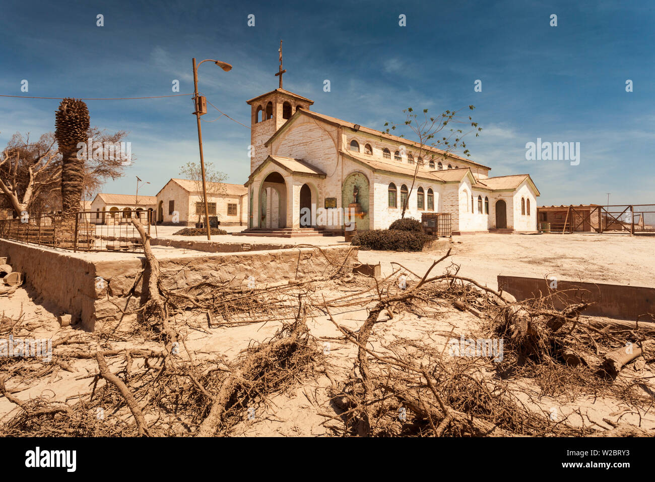 Chile, Officina Pedro de Valdivia, former saltpeter mining ghost town, town church Stock Photo