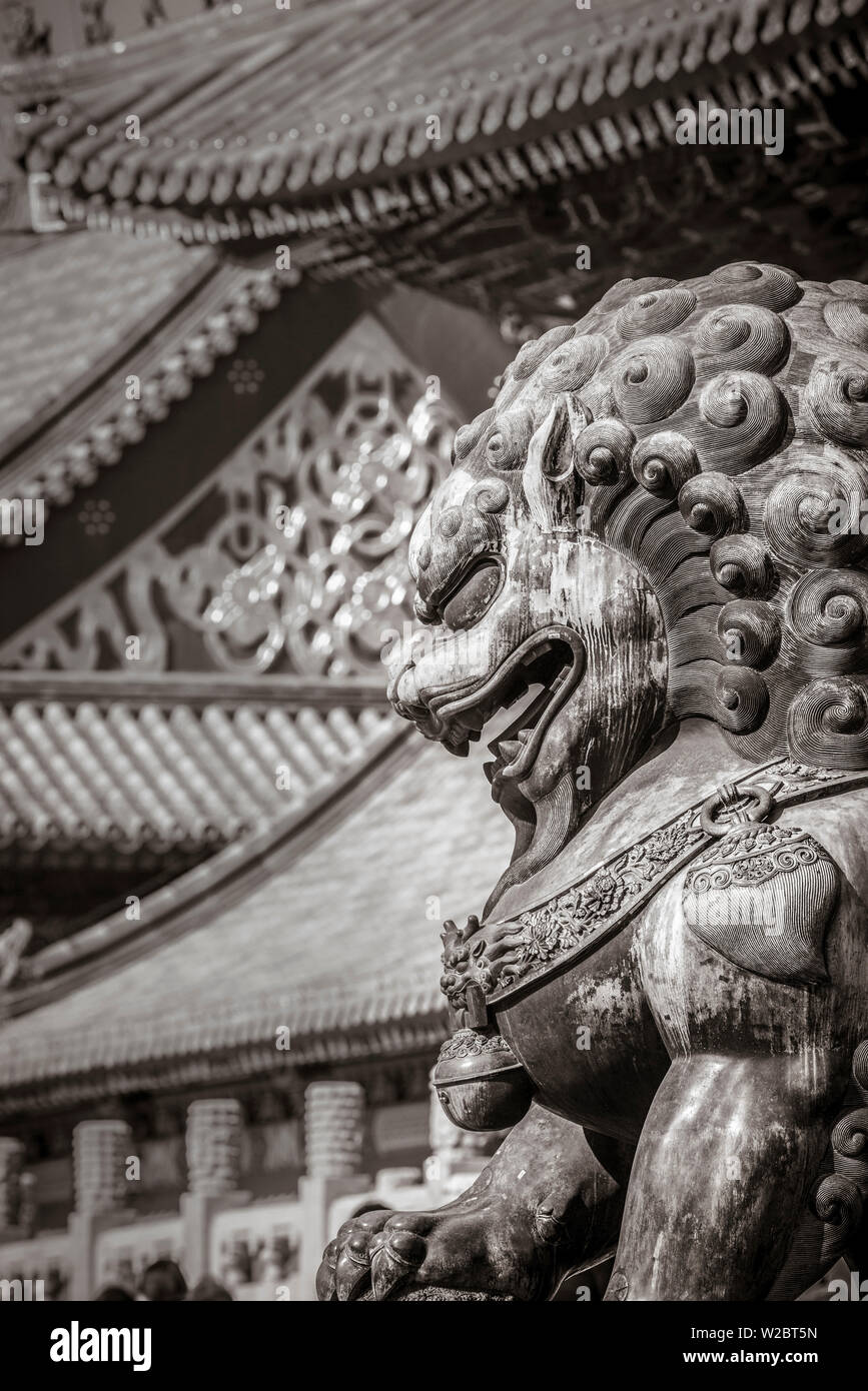 China, Beijing, Forbidden City, Lion outside Gate of Supreme Harmony Stock Photo