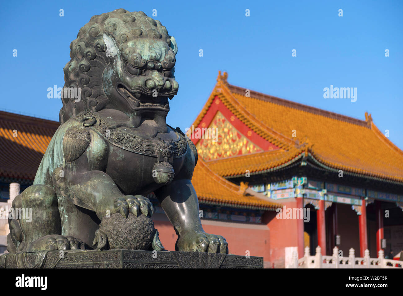 China, Beijing, Forbidden City, Lion outside Gate of Supreme Harmony Stock Photo