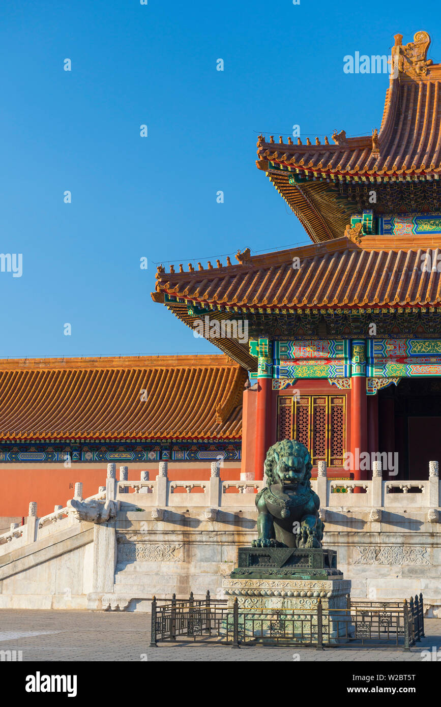 China, Beijing, Forbidden City, Lion outside Gate of Supreme Harmony Stock Photo