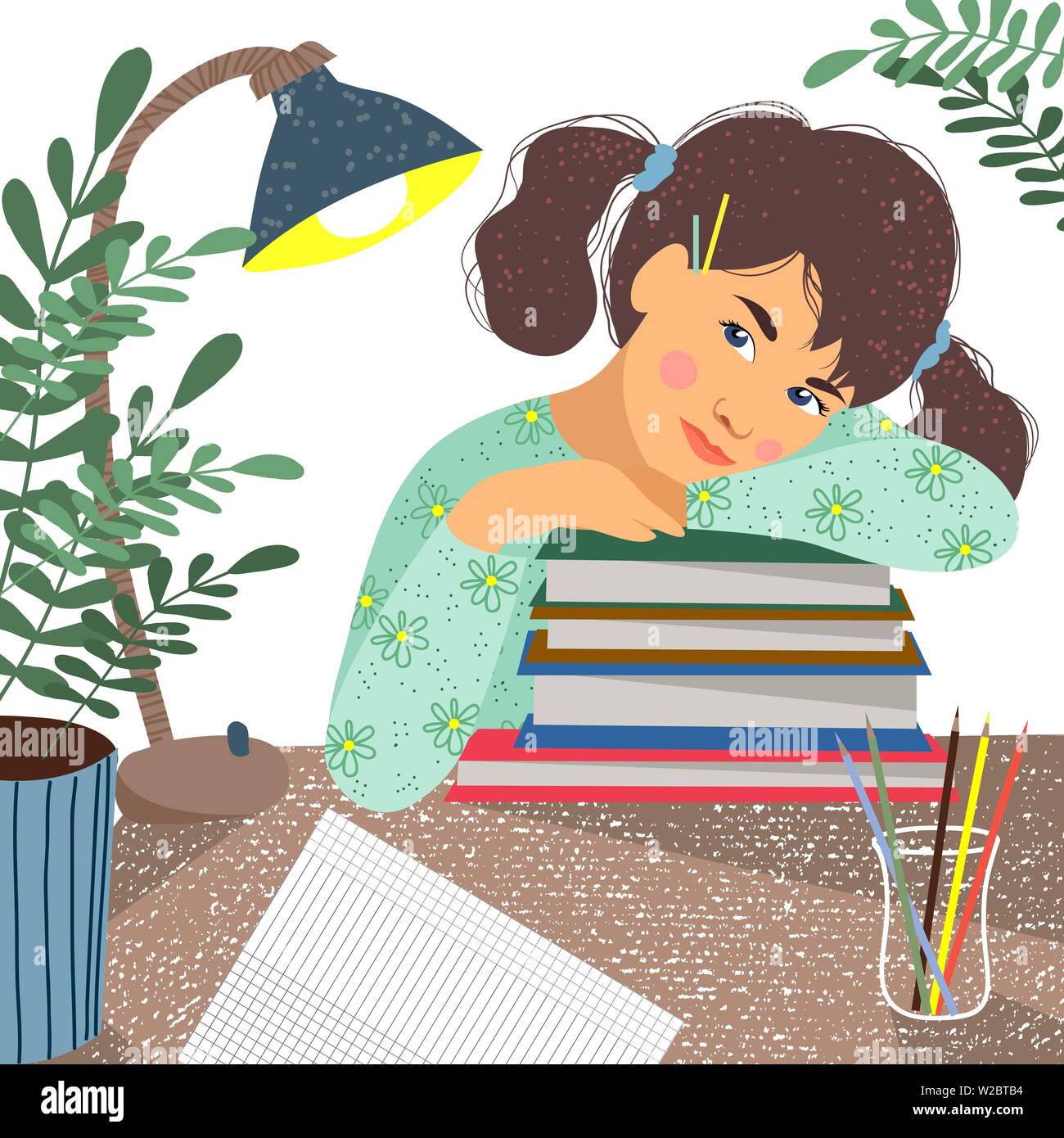 Back to school. Cute vector illustration of a sitting over the books student on a white background. Girl, books, notebook, flowers and desk lamp on a Stock Vector