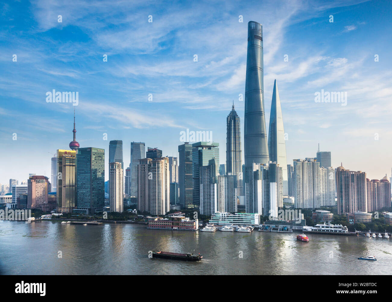 Shanghai Tower and the Pudong skyline across the Huangpu river, Shanghai, China Stock Photo