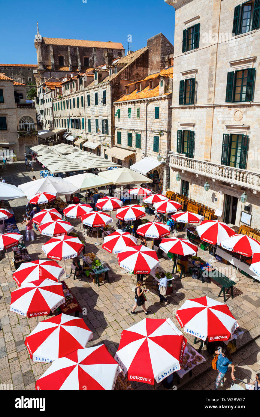 Elevated view over the picturesque Gundulic Market Square, Stari Grad (Old Town), Dubrovnik, Dalmatia, Croatia Stock Photo