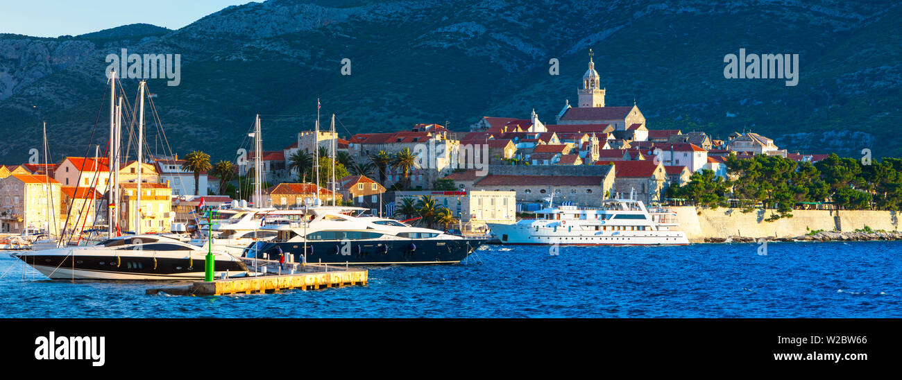 The picturesque coastal village of Korcula illuminated at sunrise, Korcula Town, Korcula, Dalmatia, Croatia Stock Photo