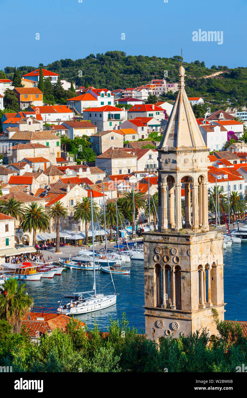 Elevated view over the picturesque harbour town of Hvar, Hvar, Dalmatia, Croatia Stock Photo