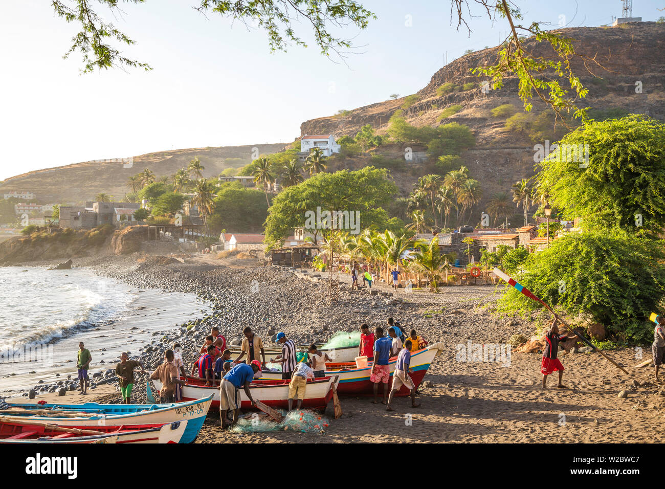 Fishing boats on beach, Cidade Velha, Santiago Island, Cape Verde Stock Photo
