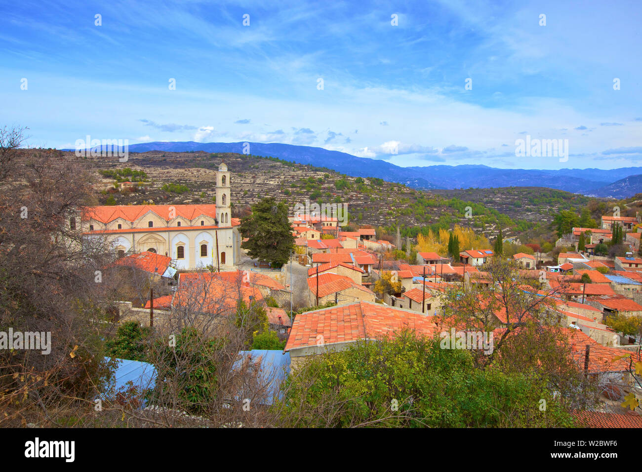 Church of the Annunciation and the Village of Lofou, Troodos Mountains, Cyprus, Eastern Mediterranean Sea Stock Photo