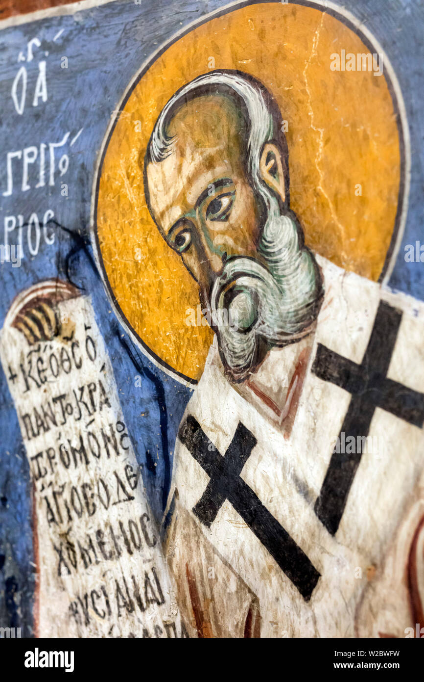 Byzantine fresco (12th century) in Panagia tou Arakou church, Lagoudhera, Troodos mountains, Cyprus Stock Photo