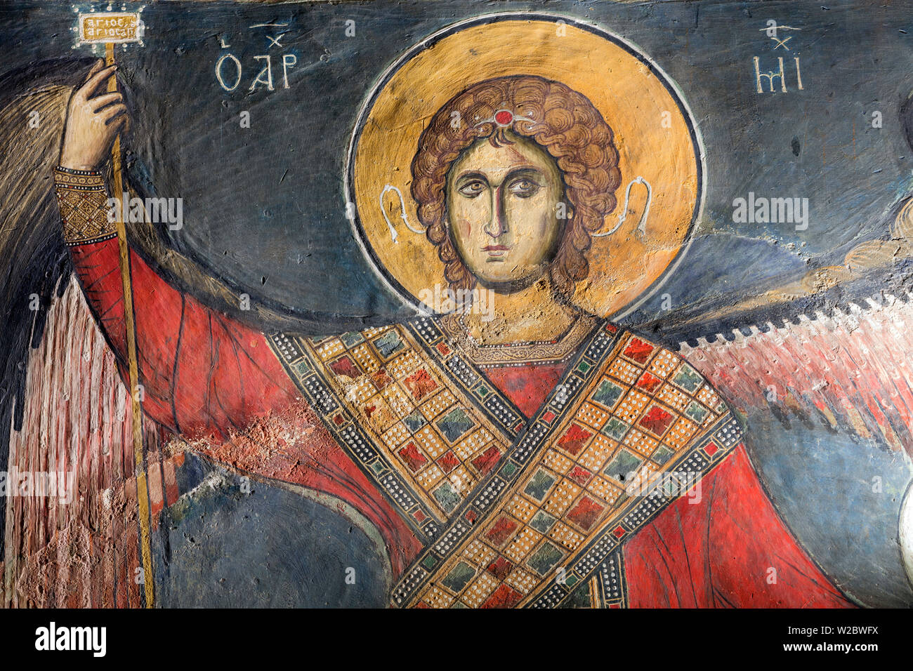 Byzantine fresco (12th century) in Panagia tou Arakou church, Lagoudhera, Troodos mountains, Cyprus Stock Photo