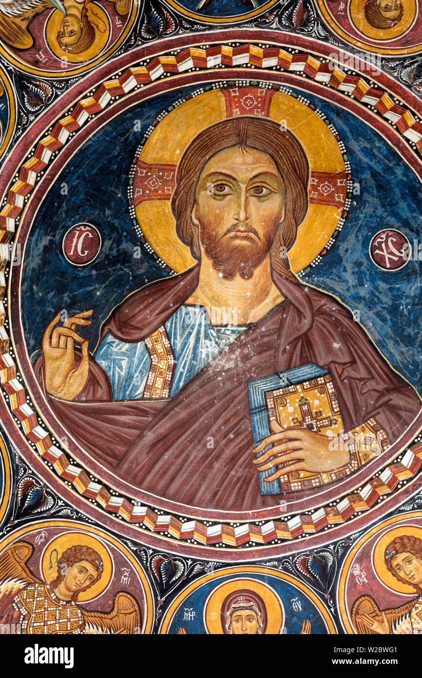 Byzantine fresco (12th century), Church of Saints Joachim and Anne, Kaliana, Troodos mountains, Cyprus Stock Photo