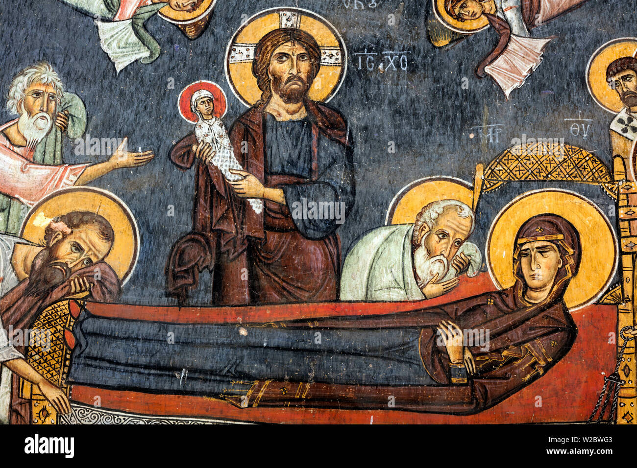 Byzantine fresco (12th century), Church of Saints Joachim and Anne, Kaliana, Troodos mountains, Cyprus Stock Photo