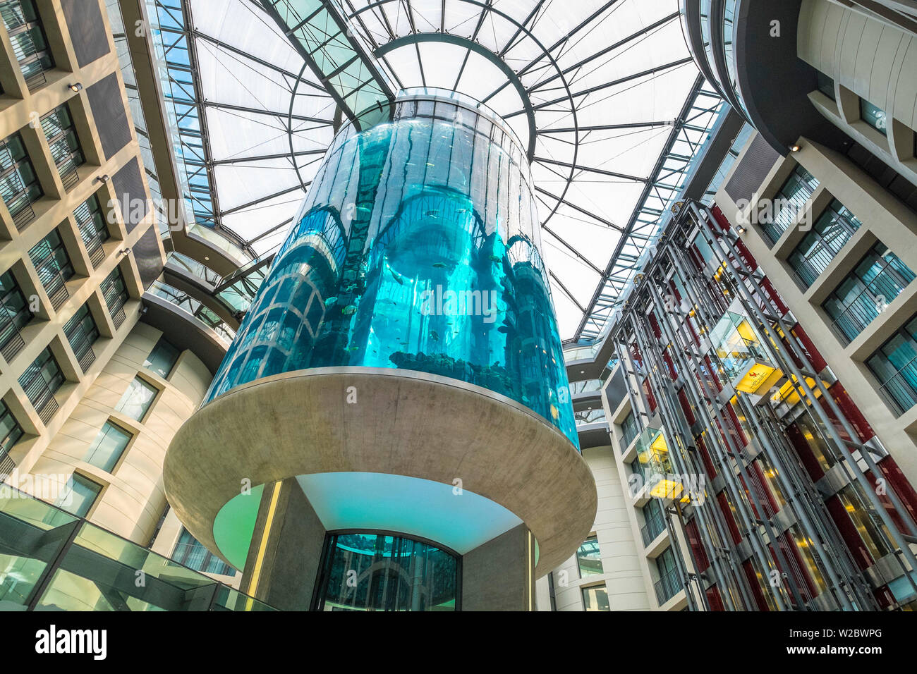 25 metre tall aquarium in the atrium of the Radisson Blu hotel, Berlin, Germany Stock Photo