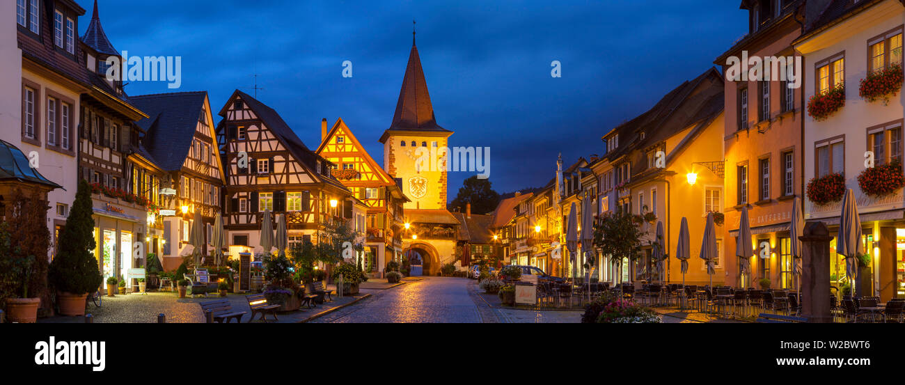 Oberturm Tower in Gengenbach's picturesque Altstad (Old Town) illuminated at dusk, Gengenbach, Kinzigtal Valley, Black Forest, Baden Wurttemberg, Germany, Europe Stock Photo