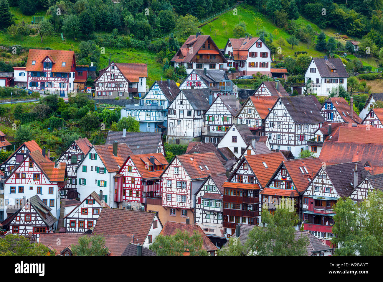 Traditional Half Timbered buildings in Schiltach's Medieval Altstad (Old Town), Schiltach, Baden-Wurttemberg, Germany, RF Stock Photo