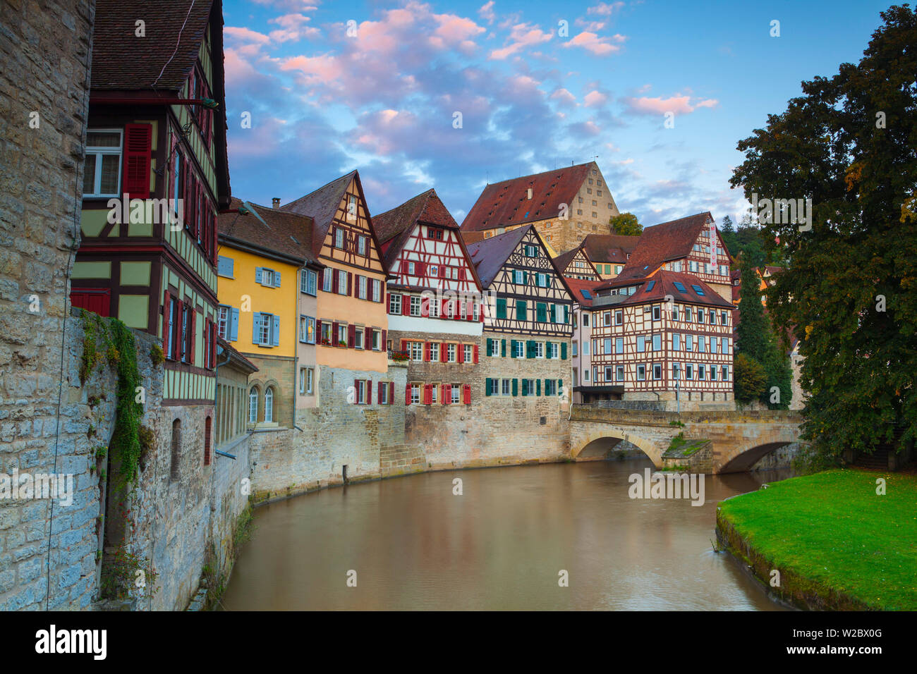 Taditional Half Timbered Houses in Schwabish Hall's Picturesque Altstad (Old Town), Schwabish Hall, Baden Wurttemberg, Swabia, Germany Stock Photo