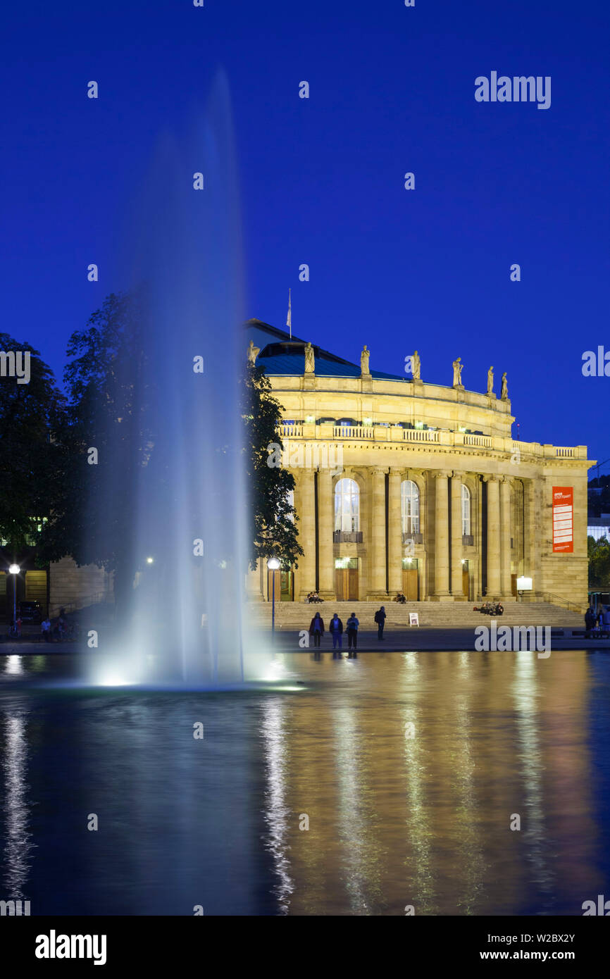 Germany, Baden-Wurttemburg, Stuttgart, Staatstheater and fountain, evening Stock Photo